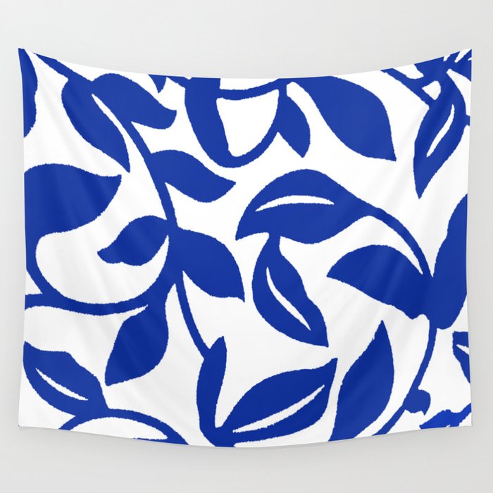 PALM LEAF VINE SWIRL BLUE AND WHITE PATTERN Wall Tapestry