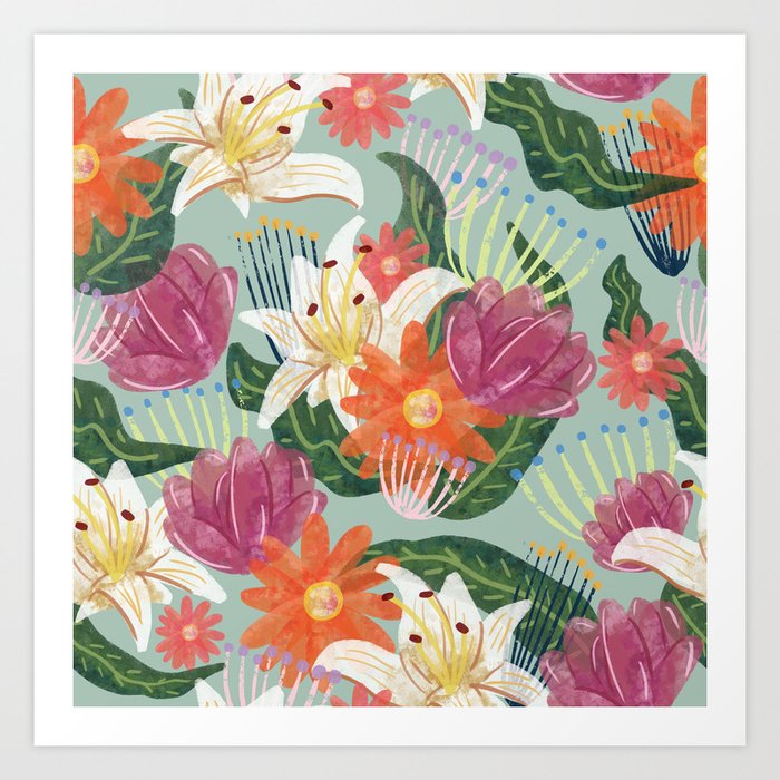 mint watercolor floral pattern Art Print