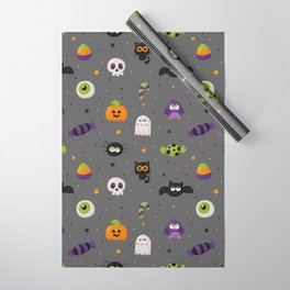 Halloween Seamless Pattern with Funny Spooky on Gray Background Wrapping Paper