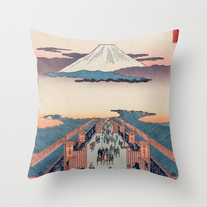 Mount Fuji above Ancient Street Ukiyo-e Japanese Art Throw Pillow