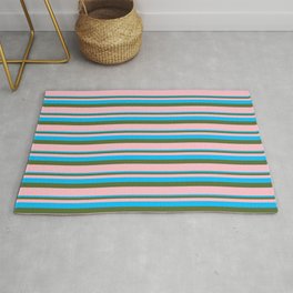 [ Thumbnail: Deep Sky Blue, Dark Olive Green & Pink Colored Lined/Striped Pattern Rug ]