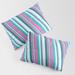 [ Thumbnail: Teal, Light Cyan, Dark Turquoise, and Hot Pink Colored Pattern of Stripes Pillow Sham ]