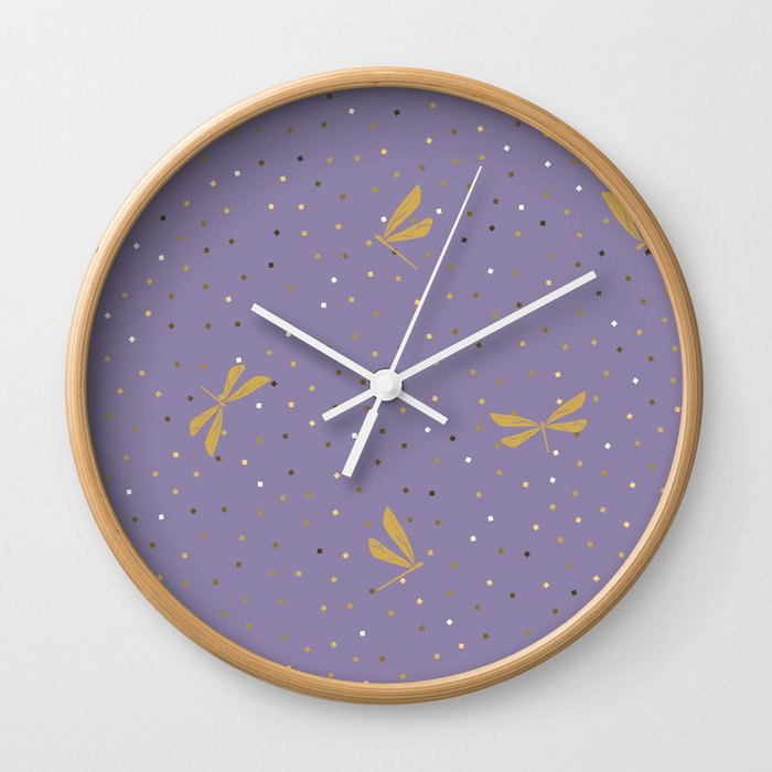 Gold Dragonfly Christmas seamless pattern and Gold Confetti on Purple Background Wall Clock