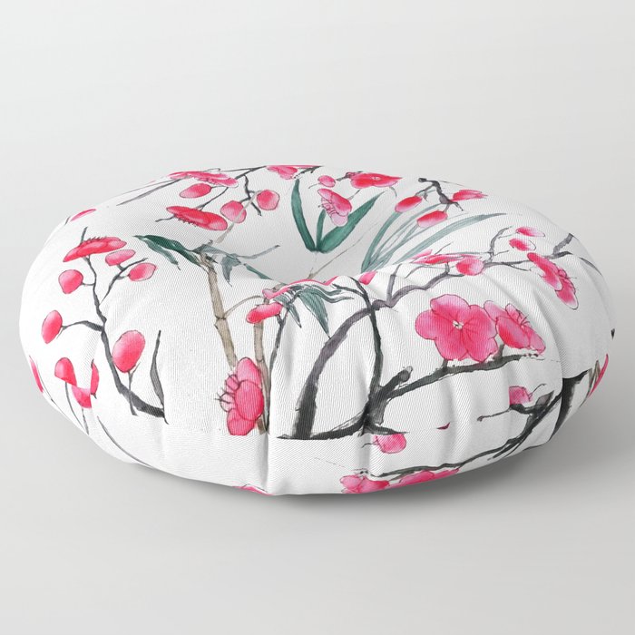 bamboo and red plum flowers in pink background Floor Pillow
