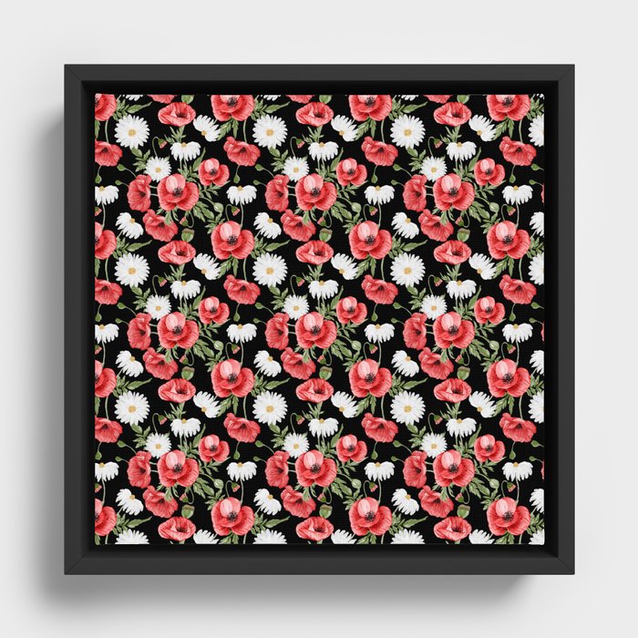 Daisy and Poppy Seamless Pattern on Black Background Framed Canvas