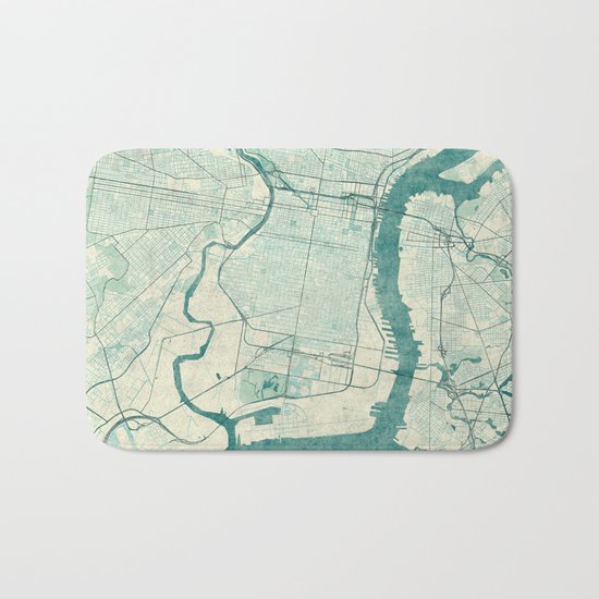 Philadelphia Map Blue Vintage Bath Mat