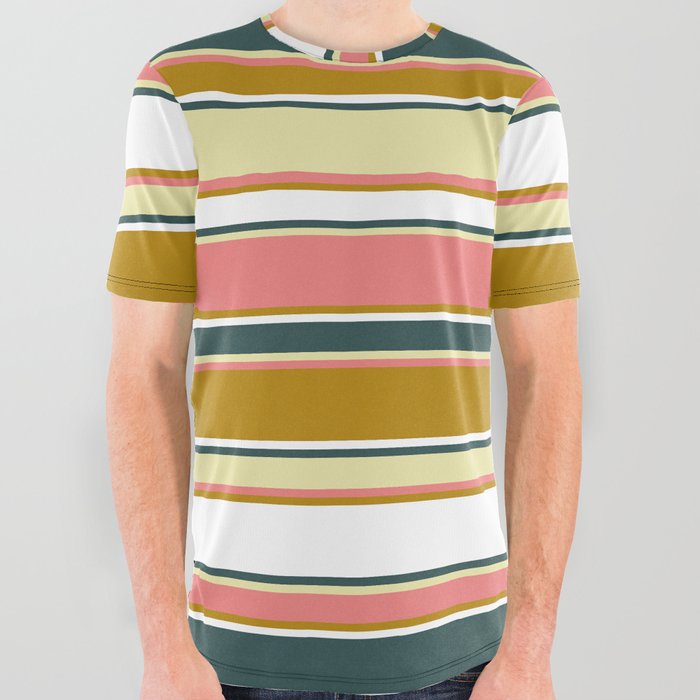 Dark Slate Gray, Pale Goldenrod, Light Coral, Dark Goldenrod, and White Colored Striped Pattern All Over Graphic Tee
