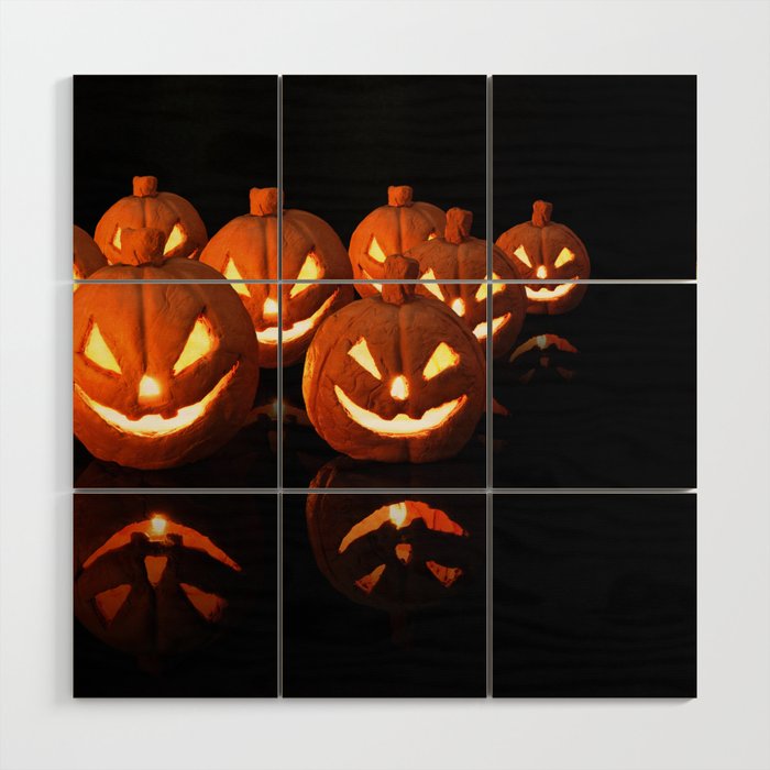 Halloween Pumpkin with Burning Candles on Black Background Wood Wall Art