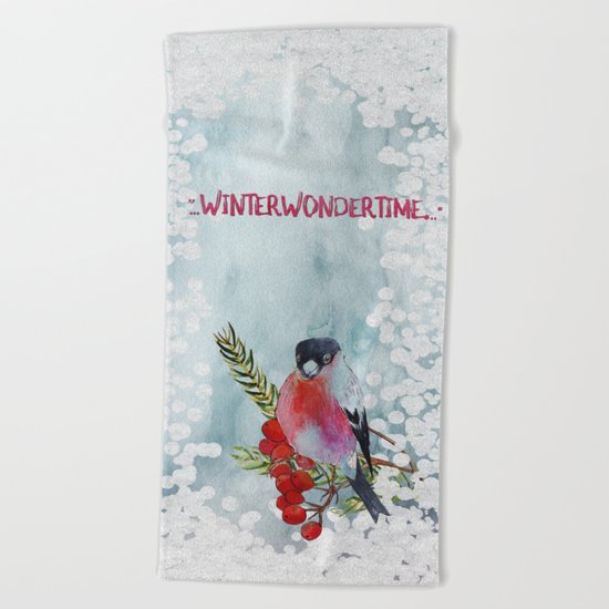 Winter Wondertime - Merry christmas- Little finch on branch-covered with snow Beach Towel