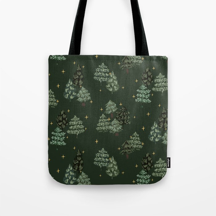 Starry night pine trees christmas pattern Tote Bag