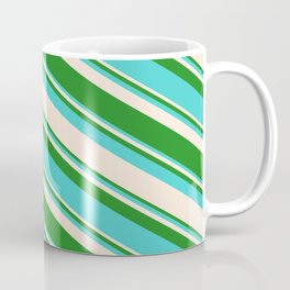 [ Thumbnail: Forest Green, Turquoise & Beige Colored Striped Pattern Coffee Mug ]