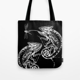 Catch - Chameleon and Dragonfly Illustration Hand Drawing from Inktober 2019 Tote Bag