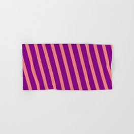 [ Thumbnail: Light Coral and Purple Colored Lined Pattern Hand & Bath Towel ]