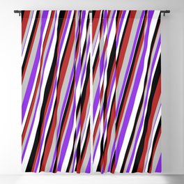 [ Thumbnail: Red, Grey, Purple, White & Black Colored Striped Pattern Blackout Curtain ]