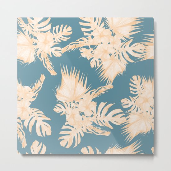 Island Vacation Hibiscus Palm Coral Teal Blue Metal Print