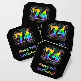 [ Thumbnail: 74th Birthday - Fun Rainbow Spectrum Gradient Pattern Text, Bursting Fireworks Inspired Background Coaster ]