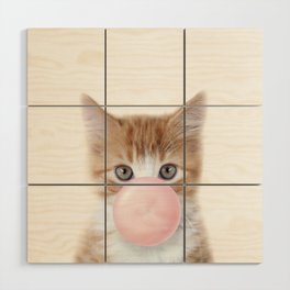 Baby Tabby Cat, Kitten Blowing Bubble Gum, Pink Nursery, Baby Animals Art Print by Synplus Wood Wall Art