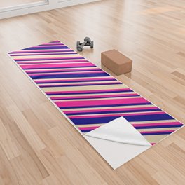 [ Thumbnail: Deep Pink, Blue, and Tan Colored Stripes/Lines Pattern Yoga Towel ]