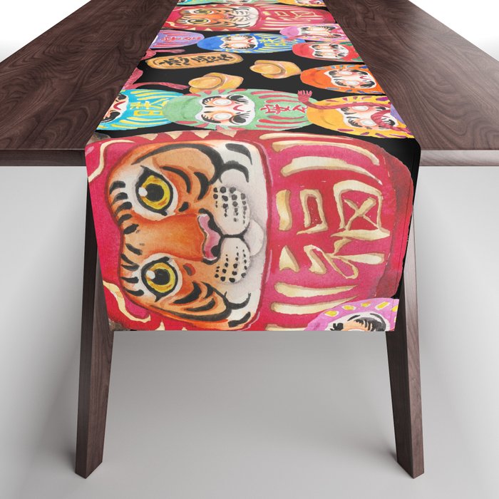 Japanese Tiger Daruma with small Darumas Table Runner