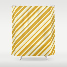 [ Thumbnail: Beige & Goldenrod Colored Pattern of Stripes Shower Curtain ]