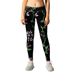 Wonderful Hanging Houseplant Pattern With Pink Flowers On Black Background Leggings