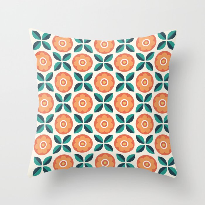 Retro Floral Seamless Pattern in Orange and Teal Throw Pillow