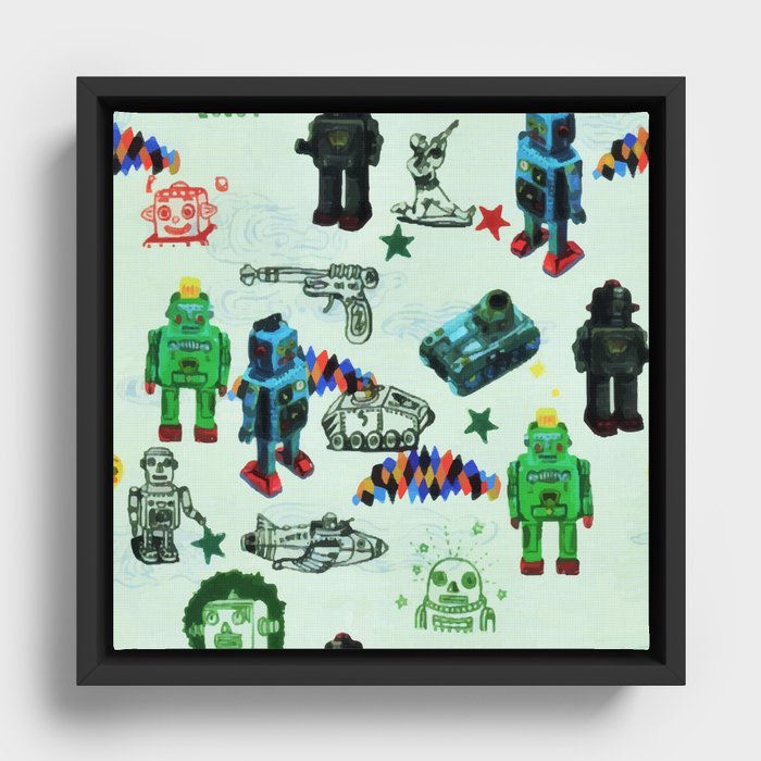 Vintage Humor Outer Space Robot Watercolor Framed Canvas