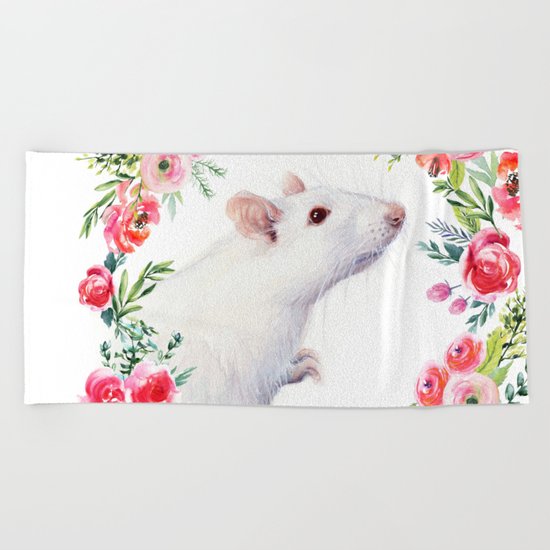 White Rat with Flowers Watercolor Floral Pattern Animal Beach Towel