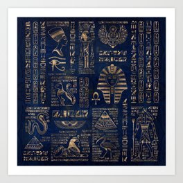 Egyptian hieroglyphs and deities-gold on blue marble Art Print