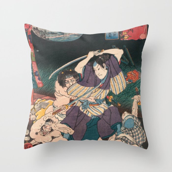 Utagawa Kuniyoshi - Of Brigands and Bravery: Kuniyoshi's Heroes of the Suikoden Warrior #7 Throw Pillow