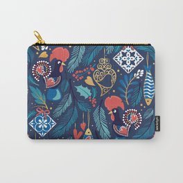 Portuguese Christmas Tree // blue background blue pine leaves multicoloured symbolic decorations Barcelo roosters sardines tiles golden Viana hearts and details Carry-All Pouch