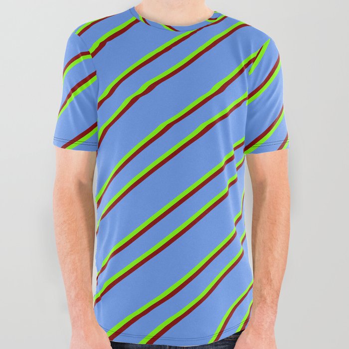 Cornflower Blue, Green, and Maroon Colored Stripes/Lines Pattern All Over Graphic Tee