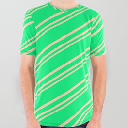 [ Thumbnail: Green & Beige Colored Striped Pattern All Over Graphic Tee ]