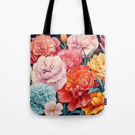 Rainbow Bouquet of Carnation Flowers - Retro Floral Pattern Tote Bag