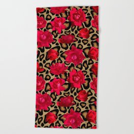 Leopard print with red roses Beach Towel