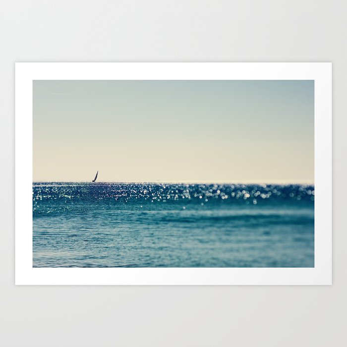 Ocean Sail Boat - Elegant Calm Beach Sea travel photography by Ingrid Beddoes Art Print