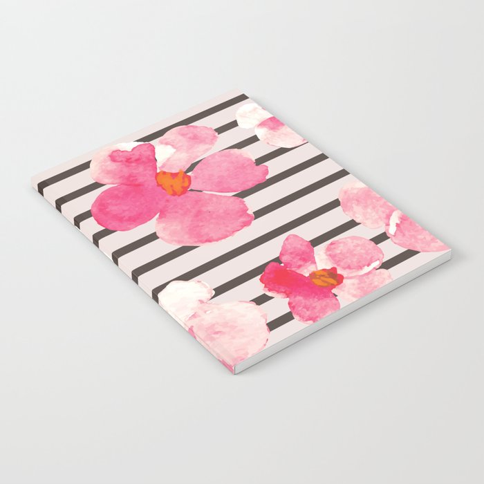 Watercolor Flowers and Brown Horizontal Stripes on Pale Pink Notebook