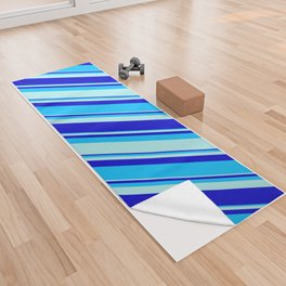 [ Thumbnail: Turquoise, Blue, and Deep Sky Blue Colored Pattern of Stripes Yoga Towel ]