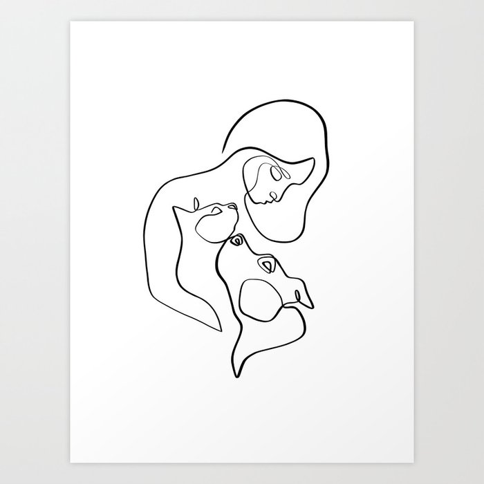 Cat and Dog with Woman, Minimalist Line Art in Black and White Art Print