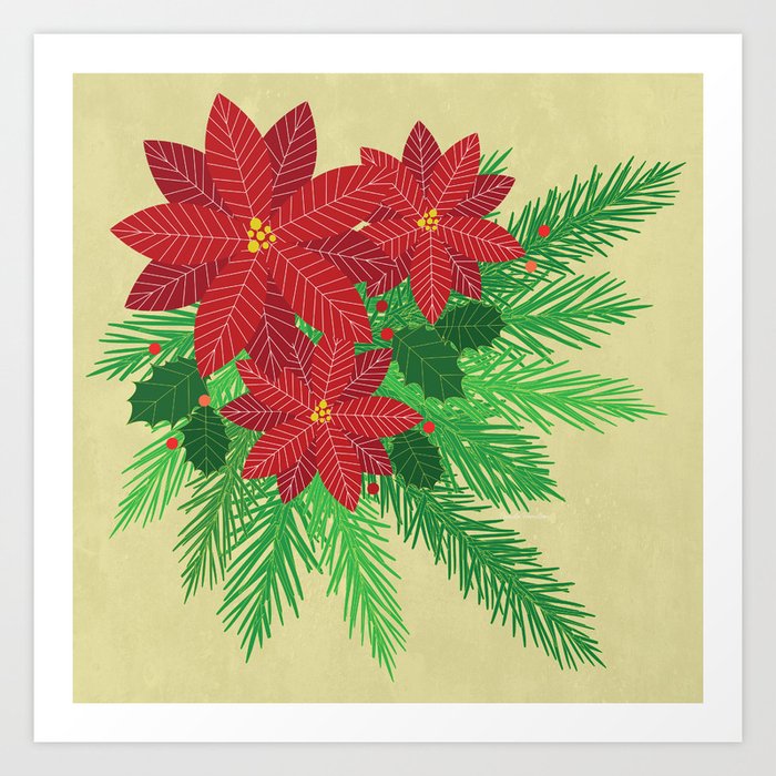Poinsettia Trio Art Print | Graphic-design, Winter, Poinsettia, Christmas, Flowers, Holidays, Digital