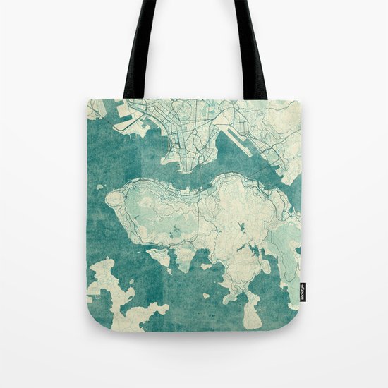 Hong Kong Map Blue Vintage Tote Bag