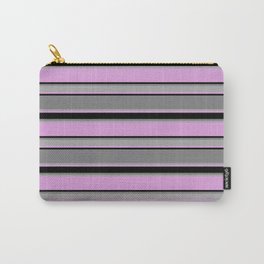 [ Thumbnail: Plum, Black, Gray, and Dark Grey Colored Striped/Lined Pattern Carry-All Pouch ]