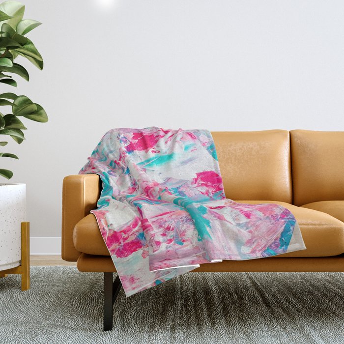 Modern bright candy pink turquoise pastel brushstrokes acrylic paint Throw Blanket