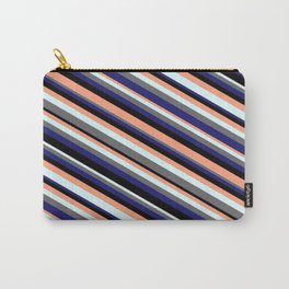 [ Thumbnail: Vibrant Black, Light Salmon, Light Cyan, Dim Gray, and Midnight Blue Colored Lines Pattern Carry-All Pouch ]