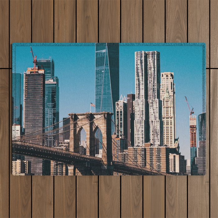 city buildings bridge river new york Outdoor Rug