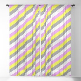 [ Thumbnail: Yellow, Gray, White, and Violet Colored Lined Pattern Sheer Curtain ]