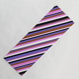 [ Thumbnail: Eye-catching Slate Blue, Brown, Violet, White & Black Colored Pattern of Stripes Yoga Mat ]