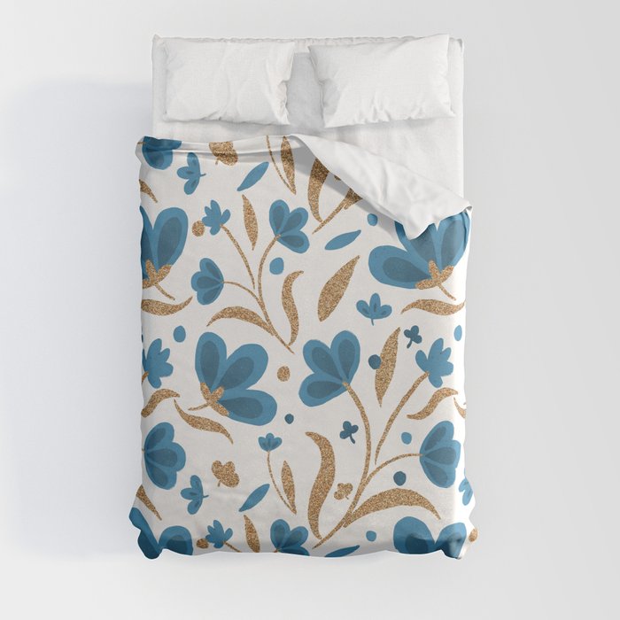 Cerulean blue and copper floral pattern Duvet Cover