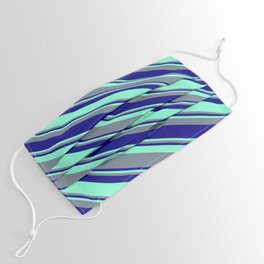 [ Thumbnail: Aquamarine, Slate Gray, and Blue Colored Pattern of Stripes Face Mask ]