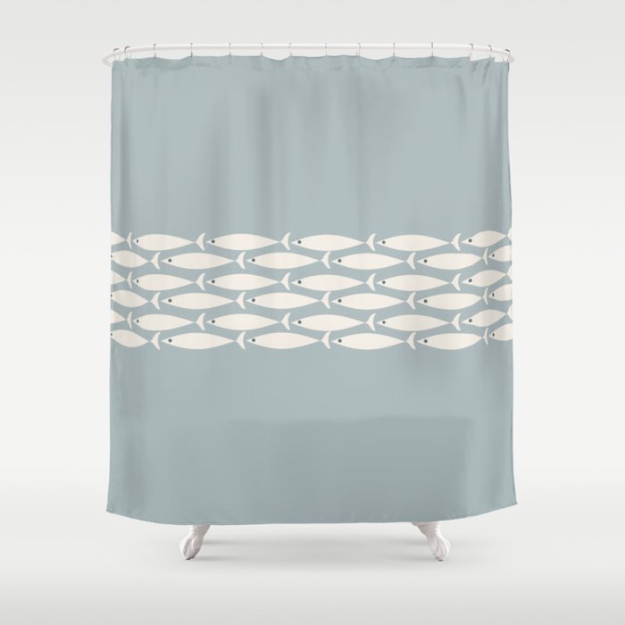 Fish Stripe 6 - Minimalist Ocean Pattern in Light Blue-Gray and Cream Shower Curtain